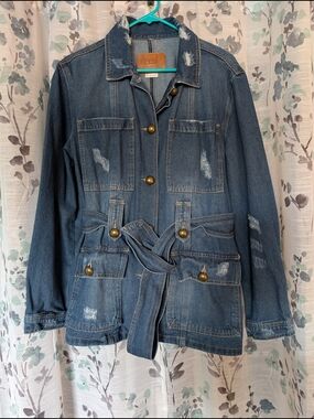 Washed Blue Distressed Denim Jacket with Self-Tie Belt